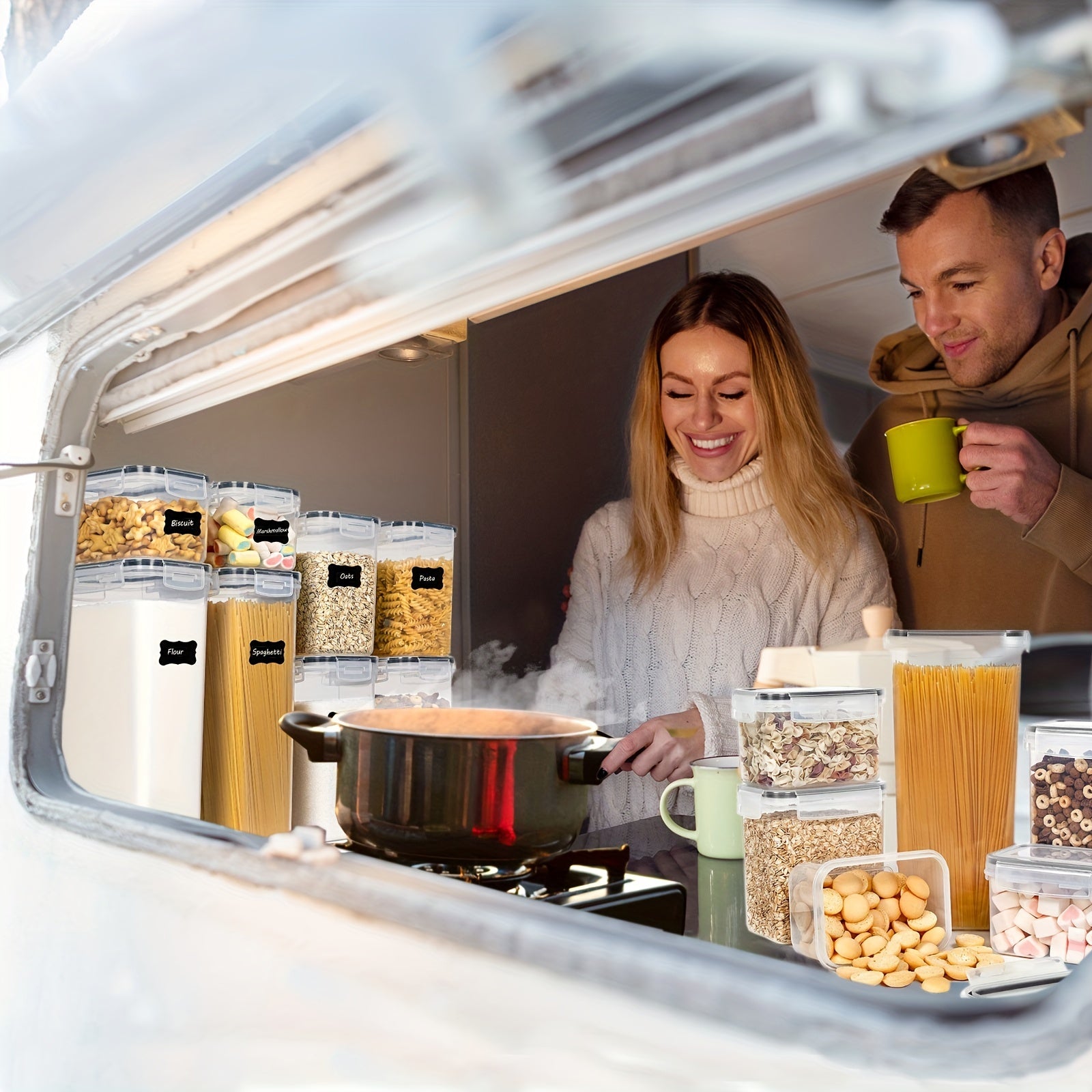 9-Piece Airtight Food StoraContainers Set: Keep Your Kitchen &amp; Pantry Organized &amp; BPA-Free! Includes Labels For Spaghetti, Cereal, Flour &amp; Oats.