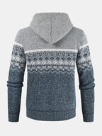 mens ethnic style knitted woolen zipper drawstring hooded sweater cardigan