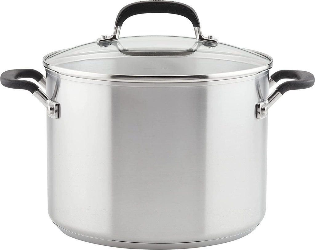 KitchenAid Stainless Steel Stockpot with Measuring Marks and Lid, 8 Quart, Brushed Stainless Steel