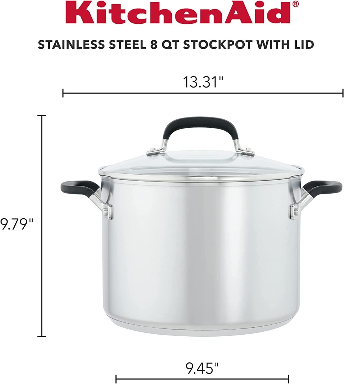 KitchenAid Stainless Steel Stockpot with Measuring Marks and Lid, 8 Quart, Brushed Stainless Steel