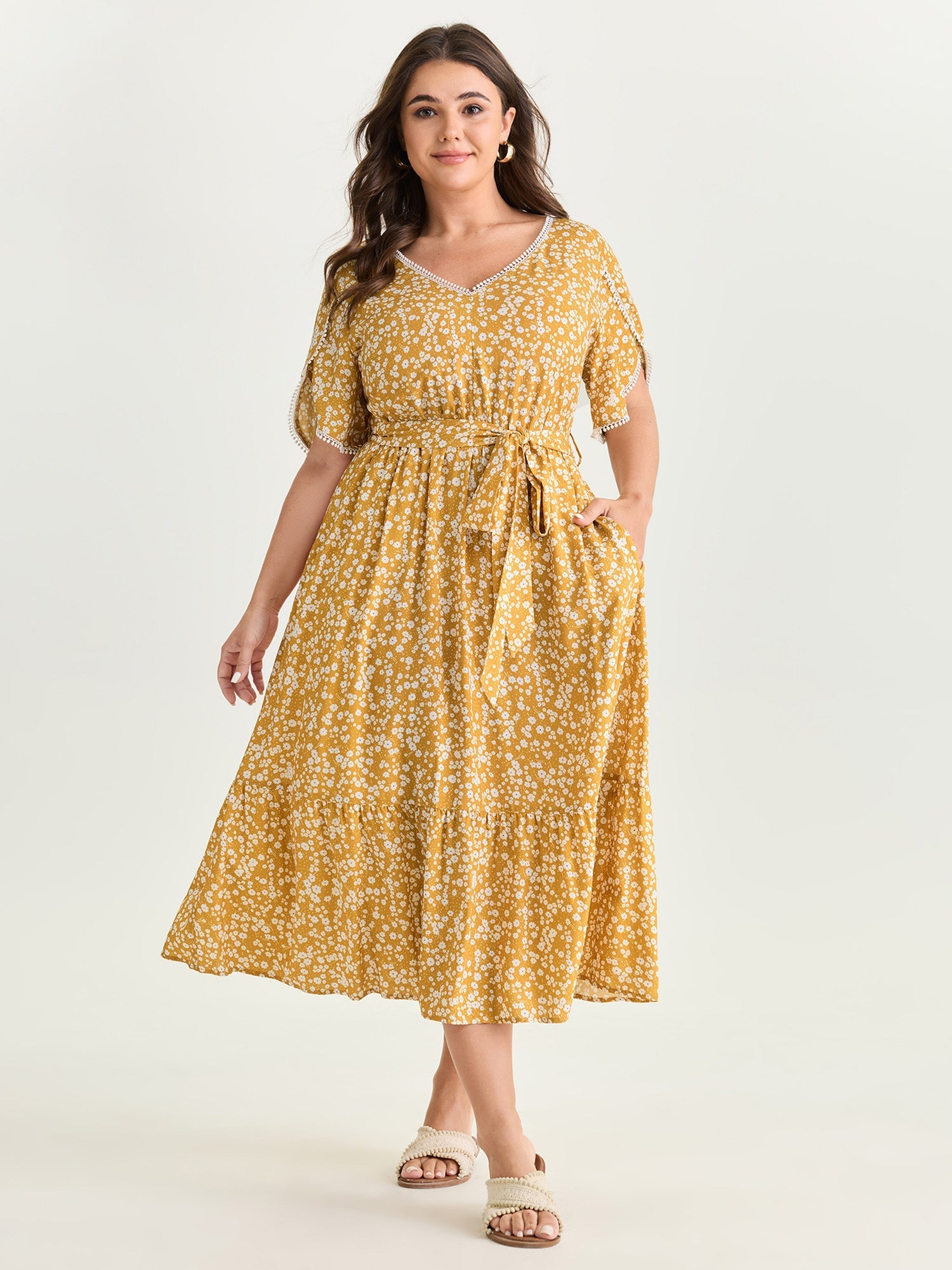 Floral Print V-Neck Petal Sleeve Midi Dress