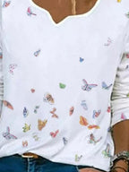 V-neck Butterfly Print Loose Long Sleeve T-shirt