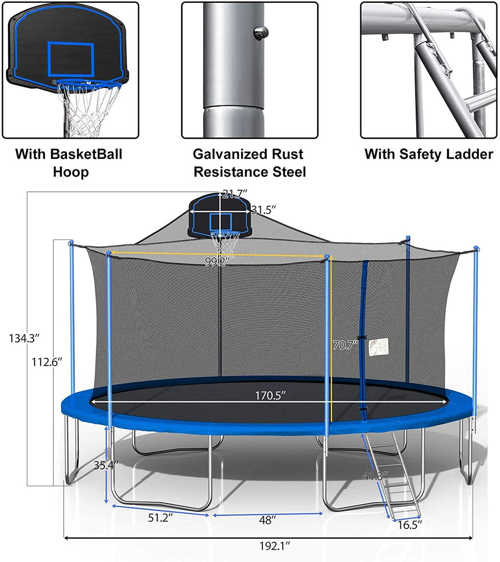 16 FT Trampoline with Basketball Hoop, Outdoor Trampoline with Enclosure for Adults Kids, ASTM Approved Heavy-Duty Fitness Trampoline for Backyard for 8-9 Kids, 2021 Upgraded Capacity 1000lbs