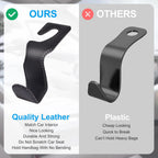 EldHus Seat Hooks for Purses and Bags, 4 Pack Car Purse Holder for Grocery Bag Handbag Clothes, Metal Headrest Hooks Covered by Leather, Black