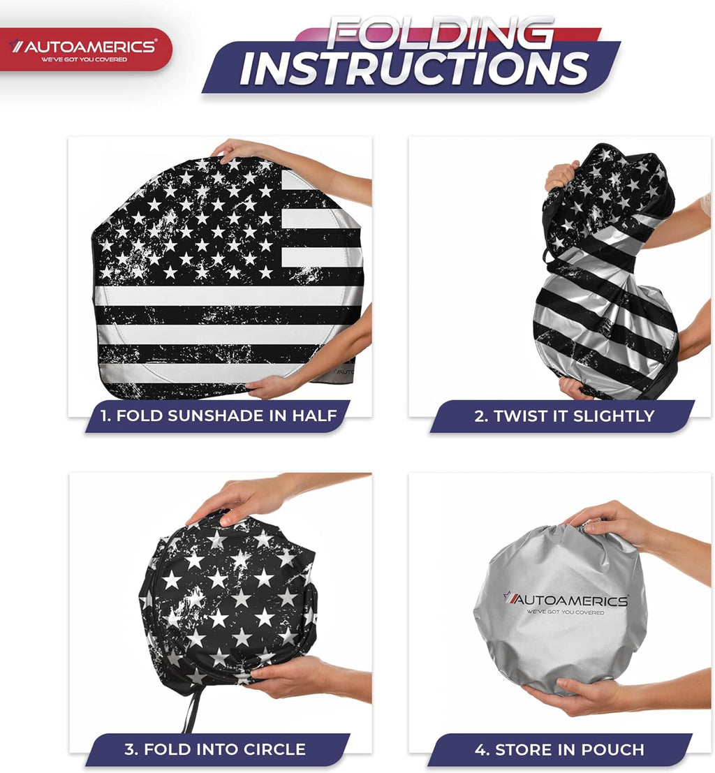 Autoamerics 1-Piece Windshield Sun Shade Grunge B&amp;W American Flag USA  - Foldable Car Front Window Sunshade for Most Sedans SUV Truck - Blocks Max UV Rays and Keeps Your Vehicle Cool - Small