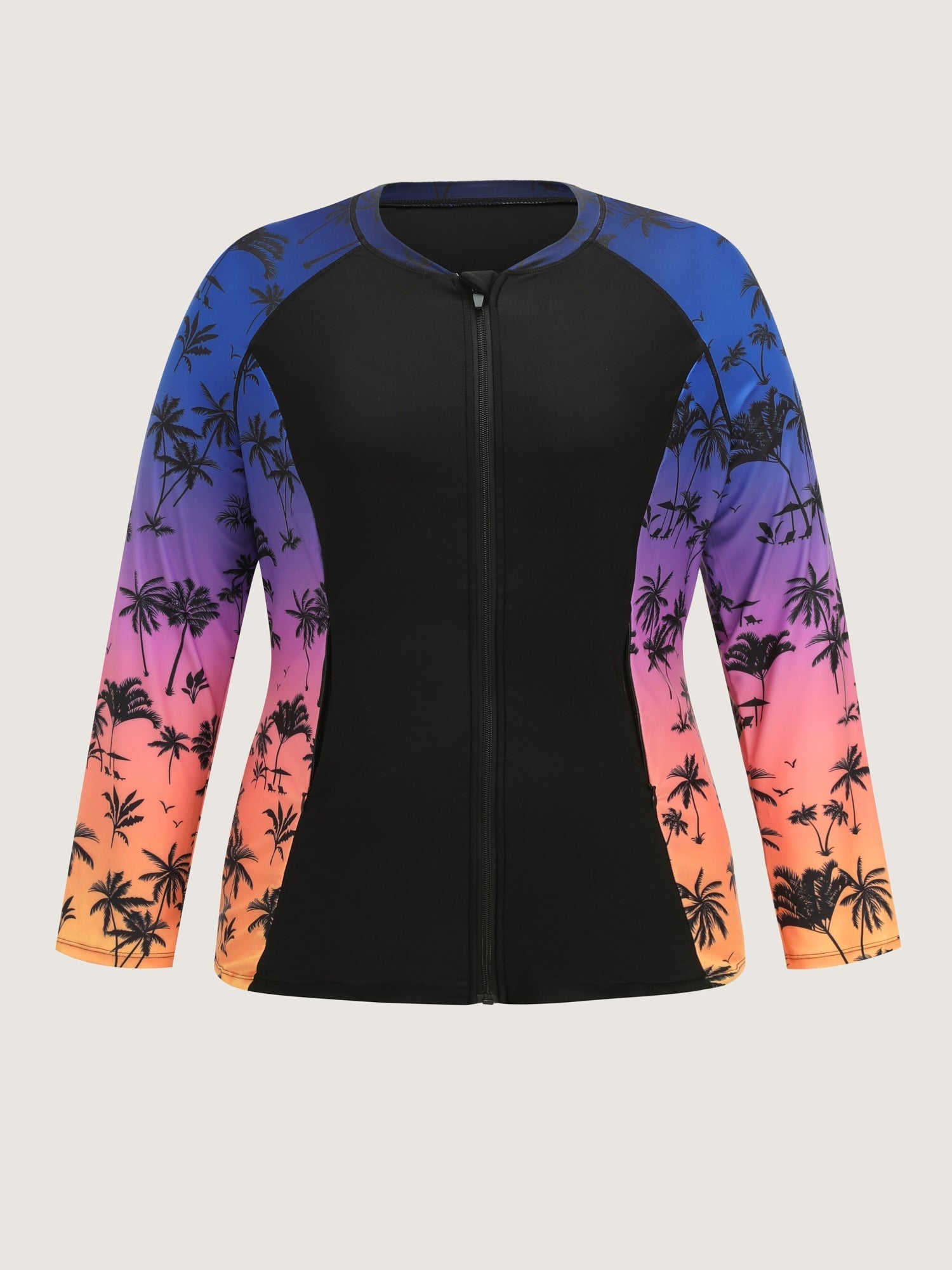 Tropical Color Contrast Print Zipper Front Swim Top