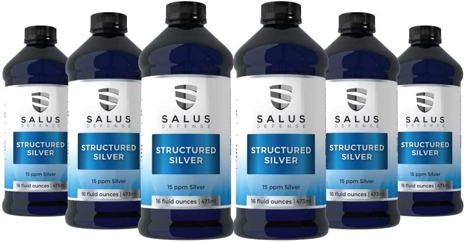 Salus Defense Structured Silver Liquid — Alkaline Water with 15ppm Structured Silver — All Natural and Safe with No Additives — 16 Ounce Bottle (6 Pack)