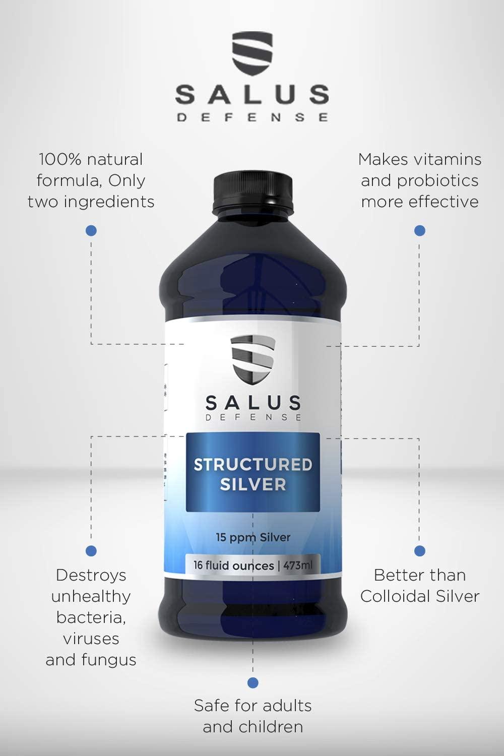 Salus Defense Structured Silver Liquid — Alkaline Water with 15ppm Structured Silver — All Natural and Safe with No Additives — 16 Ounce Bottle (6 Pack)