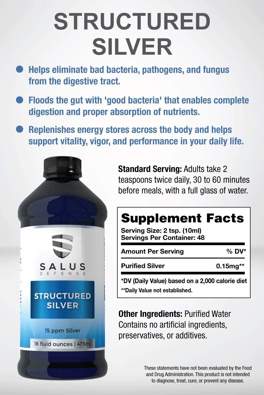 Salus Defense Structured Silver Liquid — Alkaline Water with 15ppm Structured Silver — All Natural and Safe with No Additives — 16 Ounce Bottle (6 Pack)
