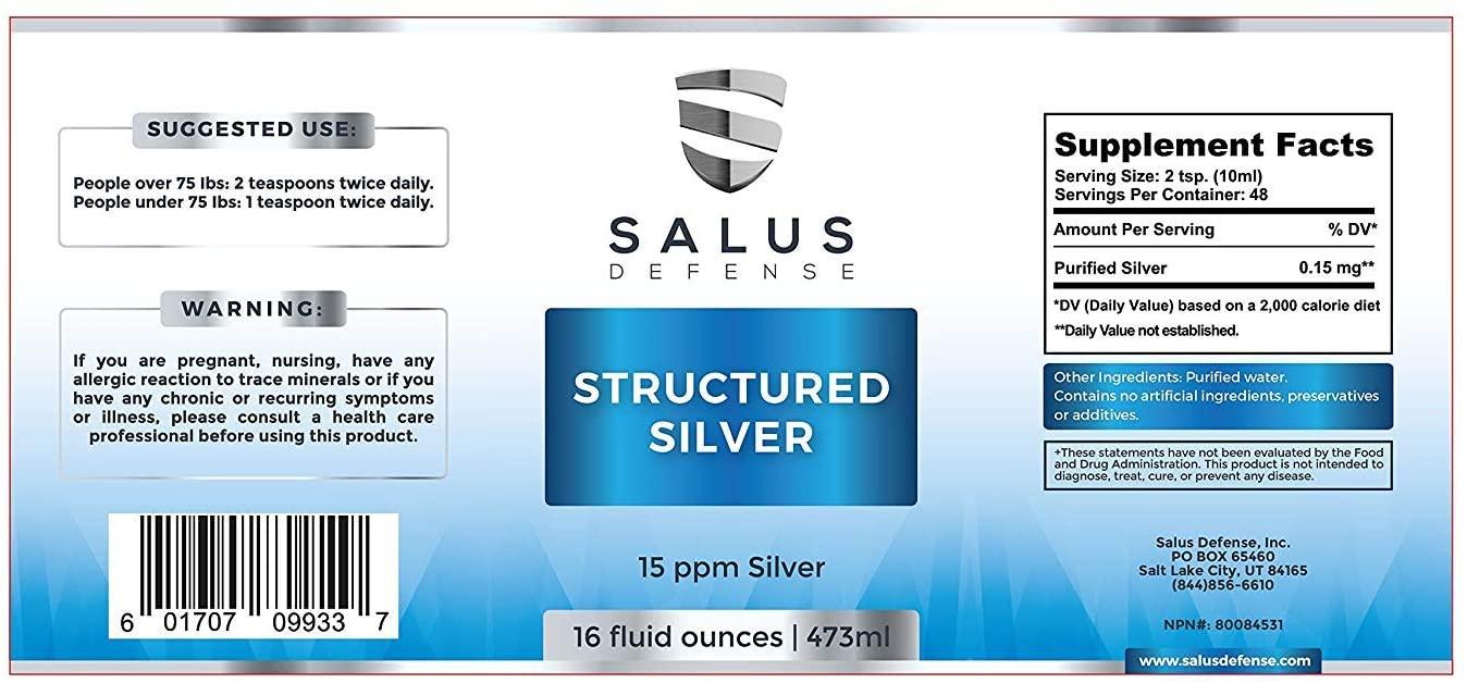 Salus Defense Structured Silver Liquid — Alkaline Water with 15ppm Structured Silver — All Natural and Safe with No Additives — 16 Ounce Bottle (6 Pack)