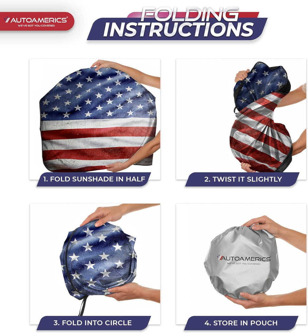 Autoamerics 1-Piece Windshield Sun Shade Grunge American Flag - 3 USA  - Foldable Car Front Window Sunshade for Most Sedans SUV Truck - Blocks Max UV Rays and Keeps Your Vehicle Cool - Medium