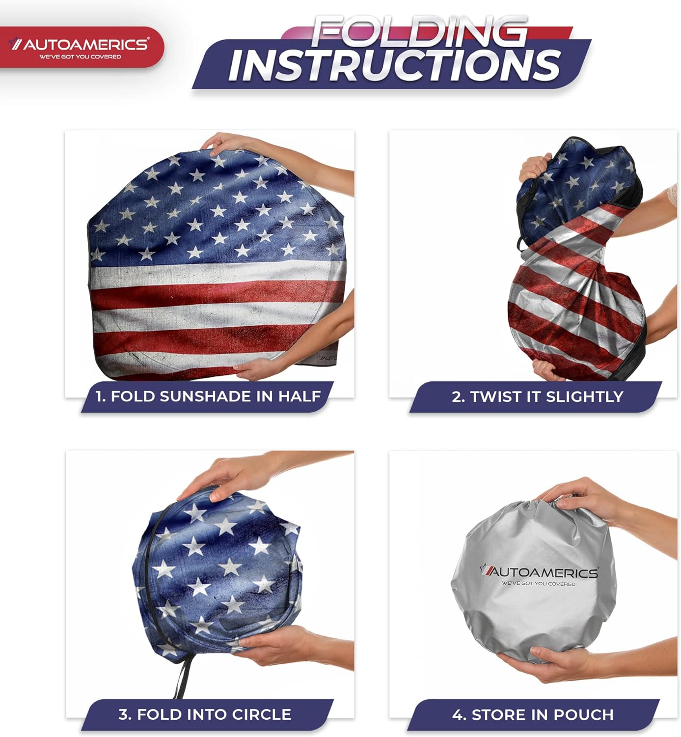 Autoamerics 1-Piece Windshield Sun Shade Grunge American Flag - 3 USA  - Foldable Car Front Window Sunshade for Most Sedans SUV Truck - Blocks Max UV Rays and Keeps Your Vehicle Cool - Medium