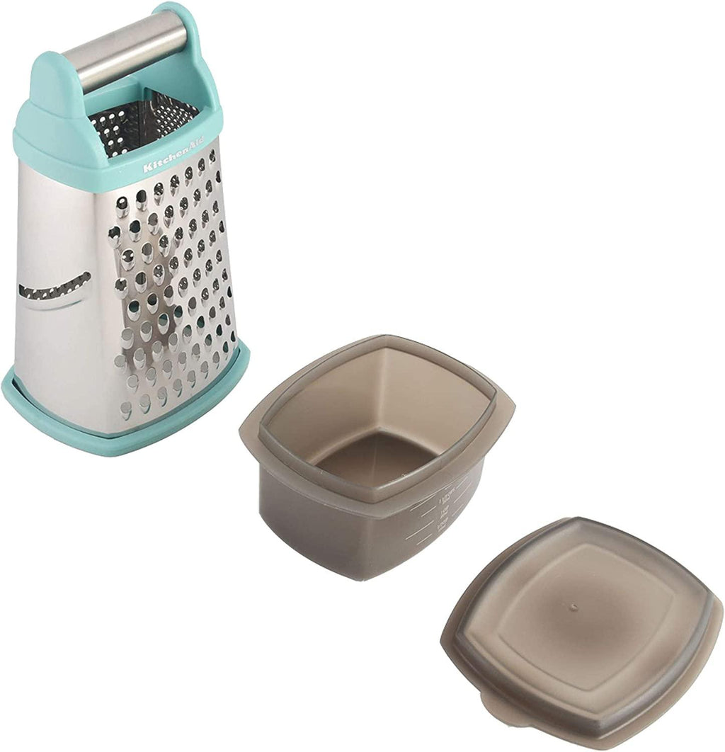 KitchenAid Gourmet 4-Sided Stainless Steel Box Grater with Detachable Storage Container, 10 inches tall, Aqua