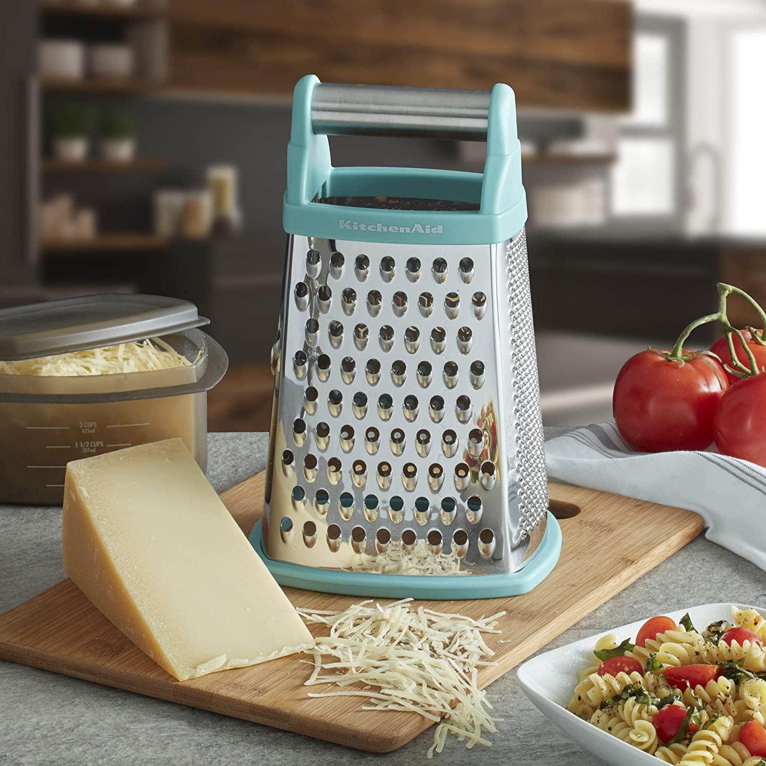 KitchenAid Gourmet 4-Sided Stainless Steel Box Grater with Detachable Storage Container, 10 inches tall, Aqua
