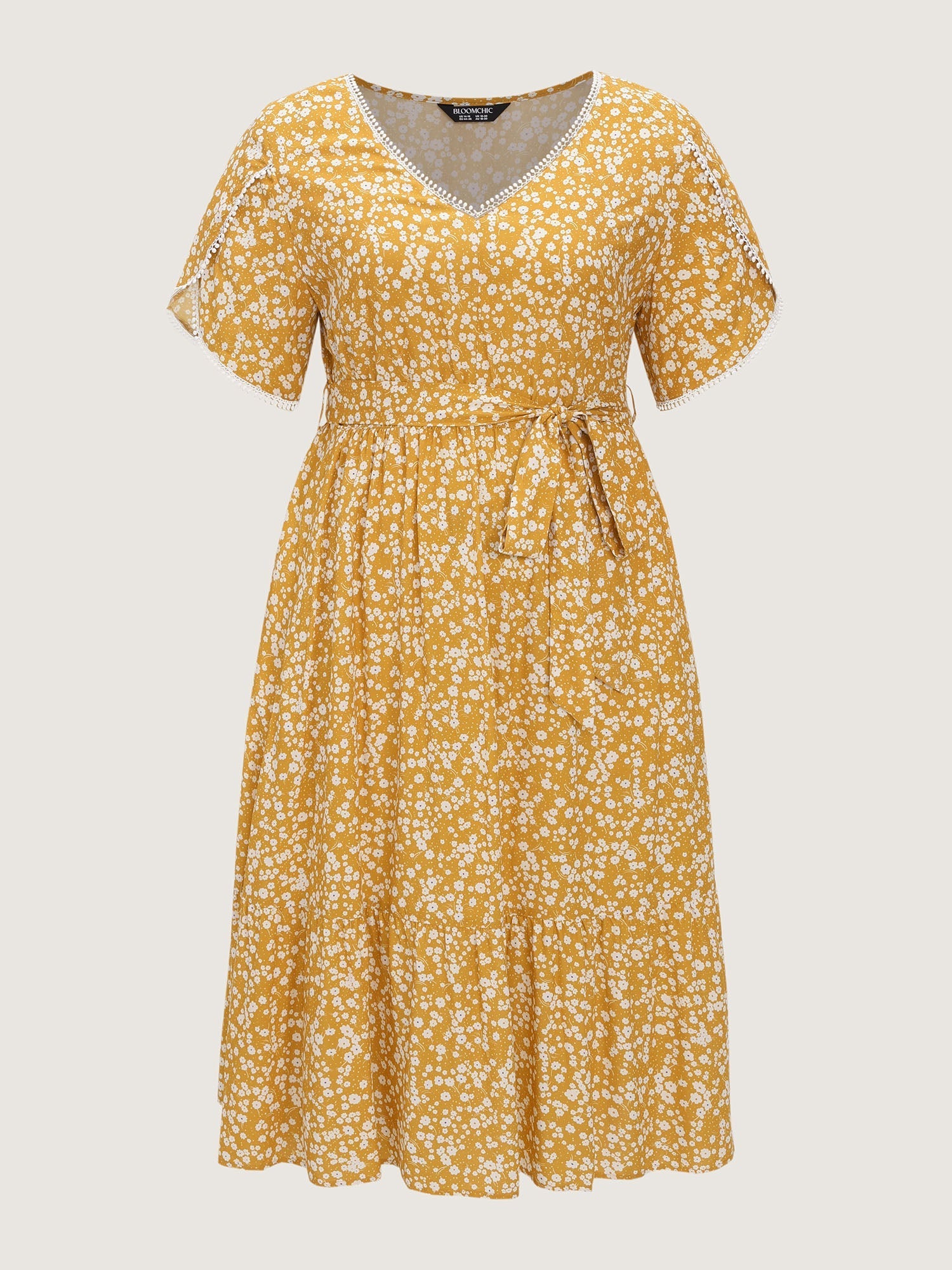Floral Print V-Neck Petal Sleeve Midi Dress