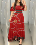 off shoulder chain print slim maxi dress