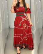 off shoulder chain print slim maxi dress
