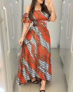 off shoulder chain print slim maxi dress