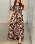 off shoulder chain print slim maxi dress