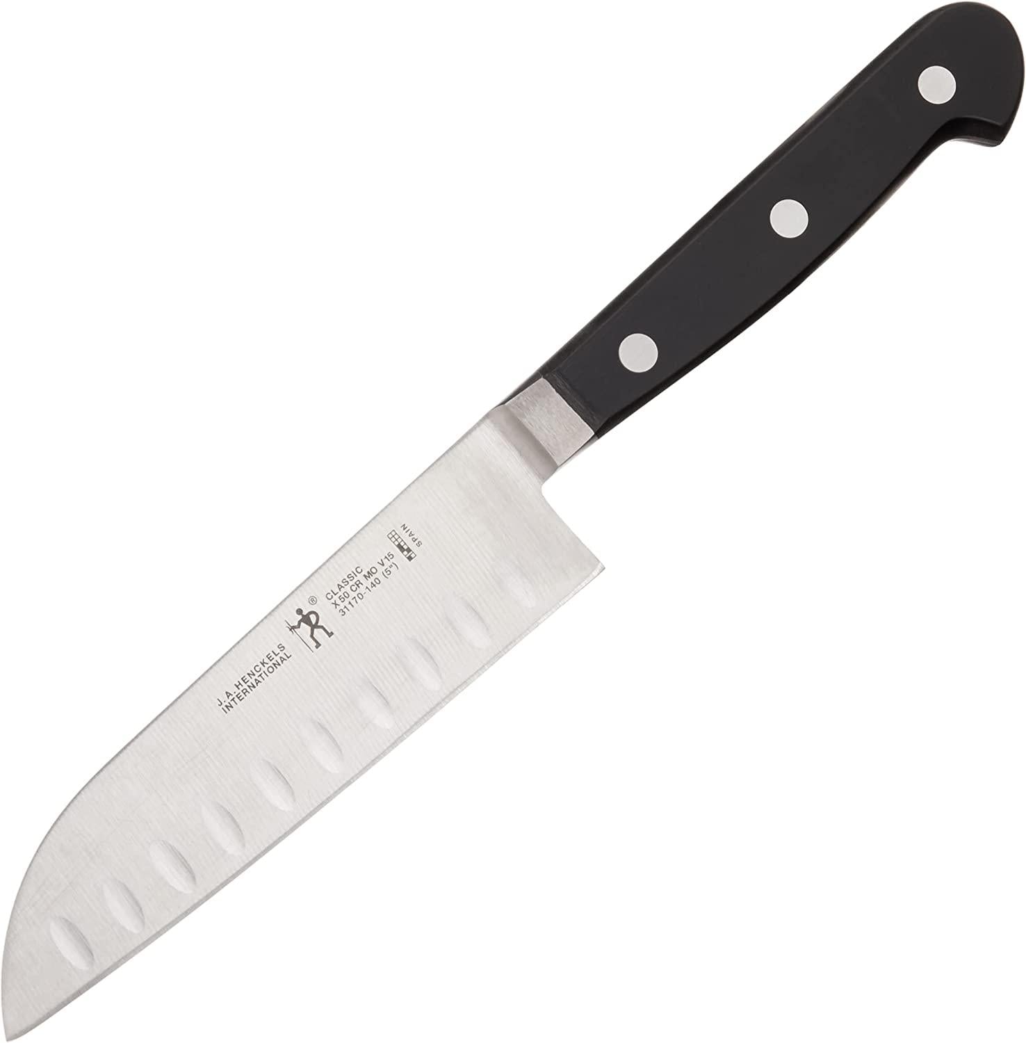 HENCKELS Classic Razor-Sharp 5-inch Hollow Edge Santoku Knife, German Engineered Informed by 100+ Years of Mastery