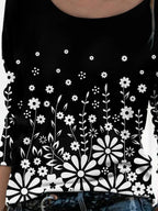Black And White Floral Print Long-sleeved Casual T-shirt