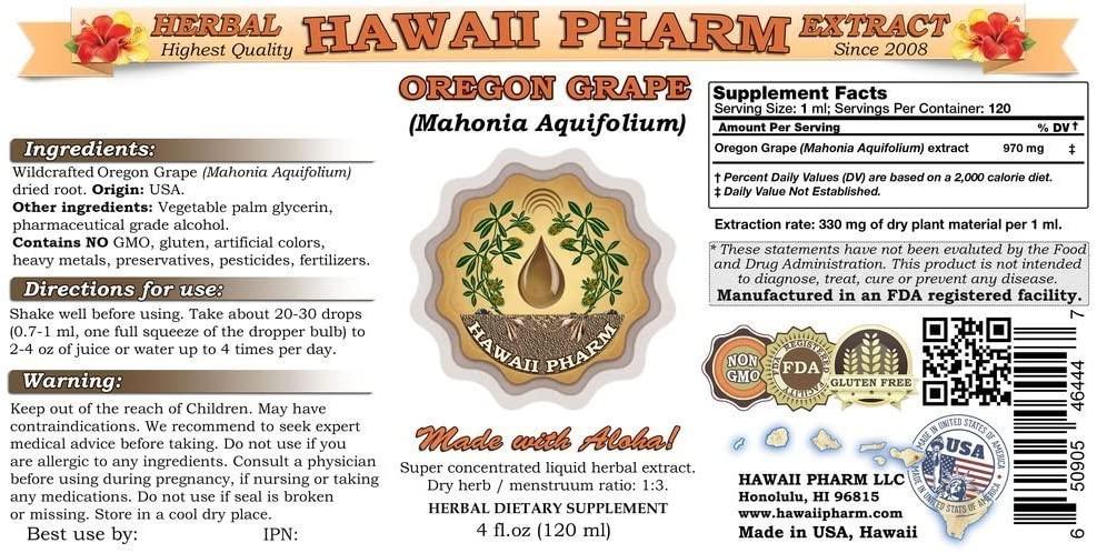 Oregon (Mahonia aquifolium) Liquid Extract, Tincture, Herbal Supplement, Hawaii Pharm, Made in USA, 2x32 fl.oz