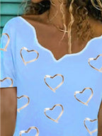 Ladies V-neck Printed Fashion Casual Short-sleeved T-shirt