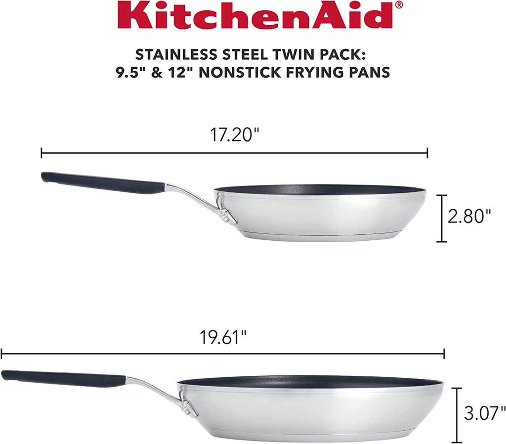 KitchenAid Stainless Steel Nonstick Frying Pans/Skillet Set, 9.5 Inch and 12 Inch, Brushed Stainless Steel