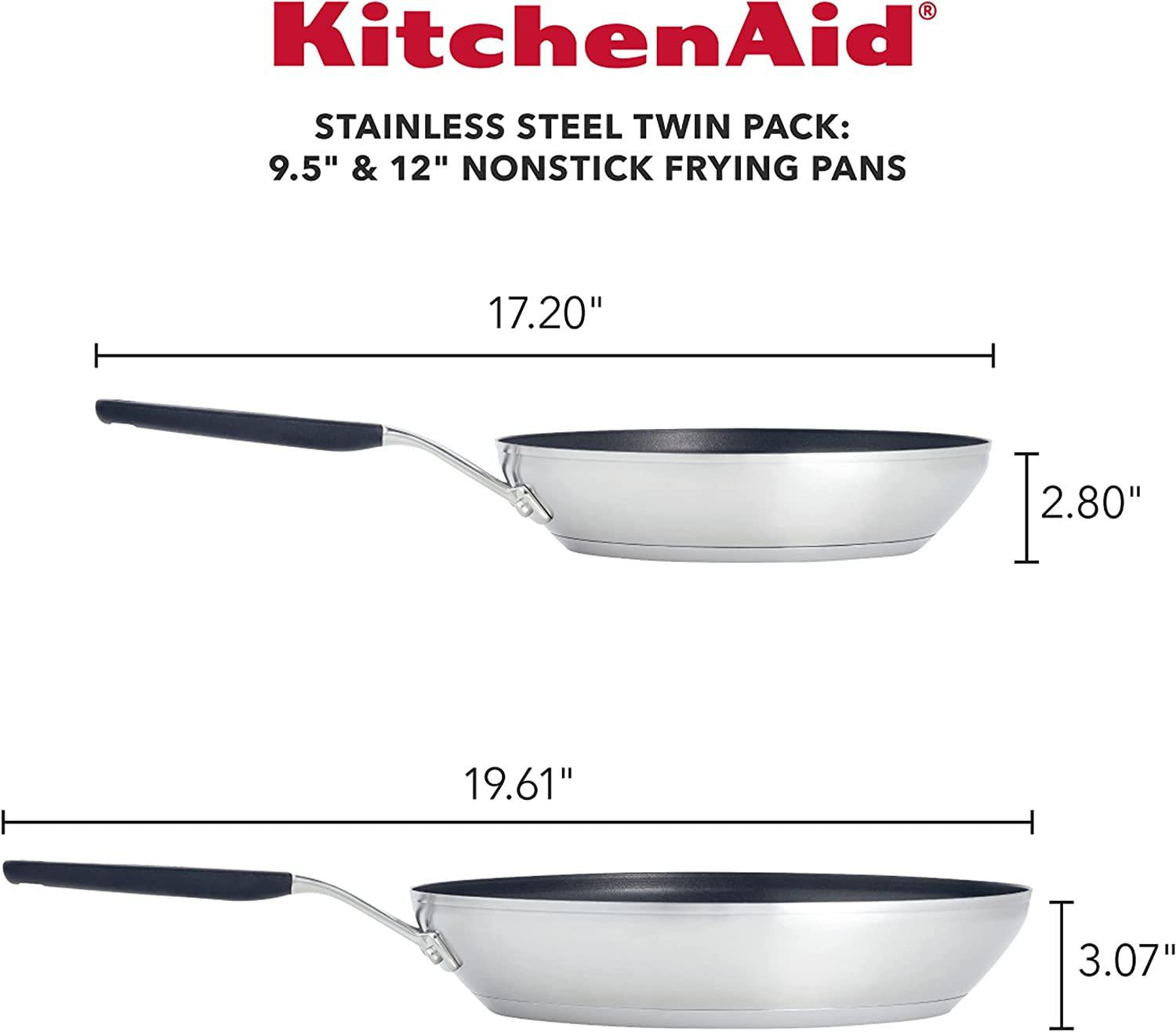 KitchenAid Stainless Steel Nonstick Frying Pans/Skillet Set, 9.5 Inch and 12 Inch, Brushed Stainless Steel