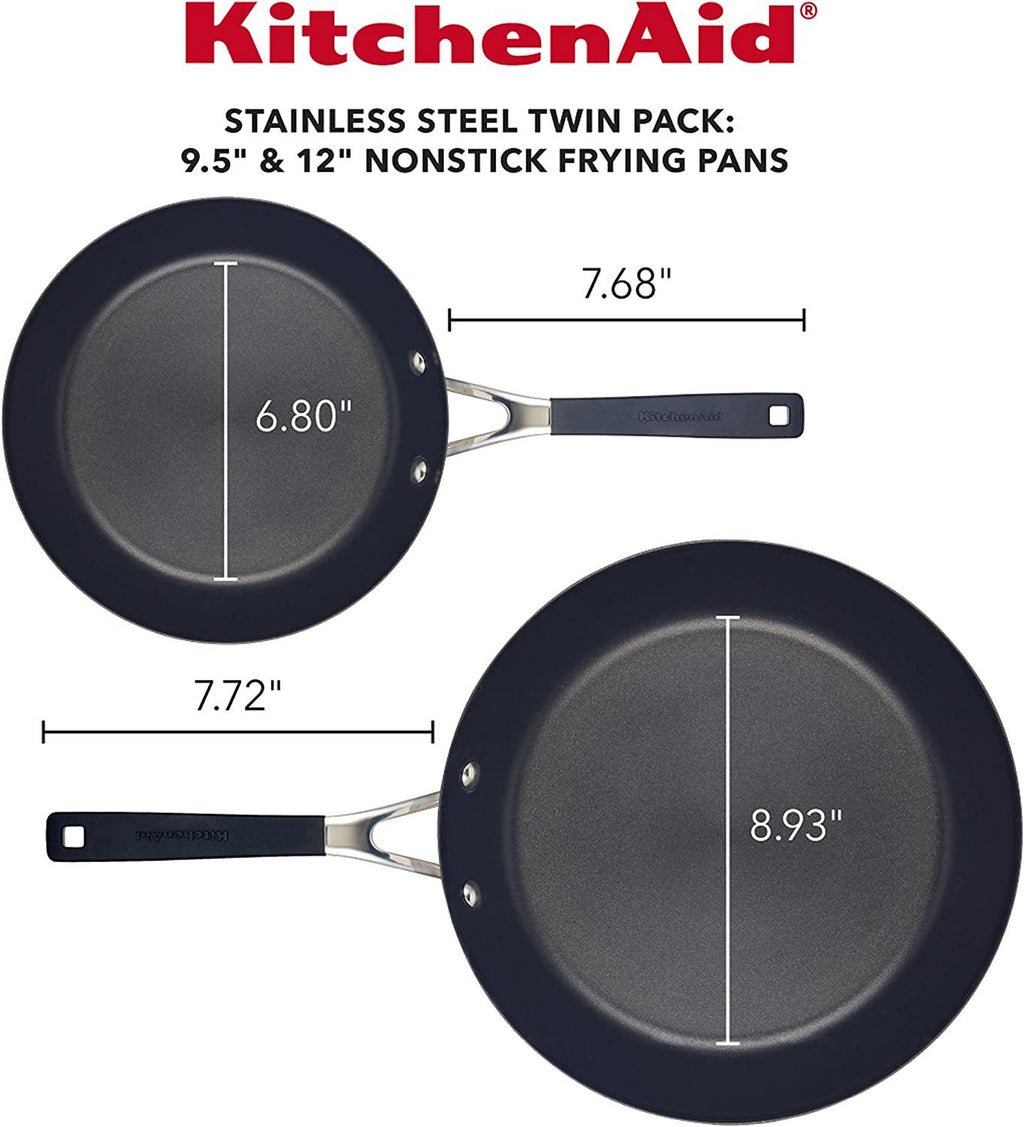 KitchenAid Stainless Steel Nonstick Frying Pans/Skillet Set, 9.5 Inch and 12 Inch, Brushed Stainless Steel