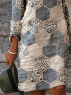 Fashion Lingge Printed V-neck Long Sleeve Casual Shift Dress