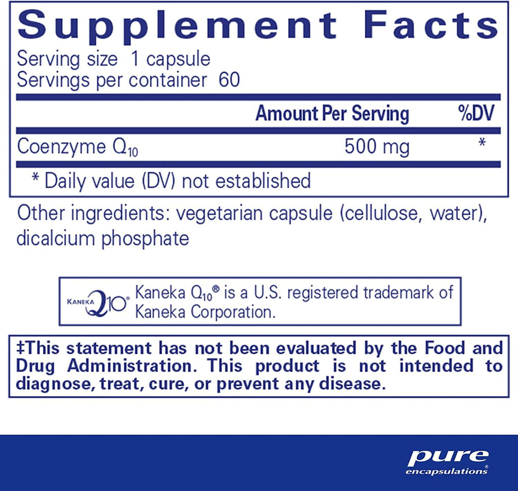 Pure Encapsulations CoQ10 500 mg | Coenzyme Q10 Supplement for Energy, Antioxidants, Brain and Cellular Health, Cognition, and Cardiovascular Support* | 60 Capsules