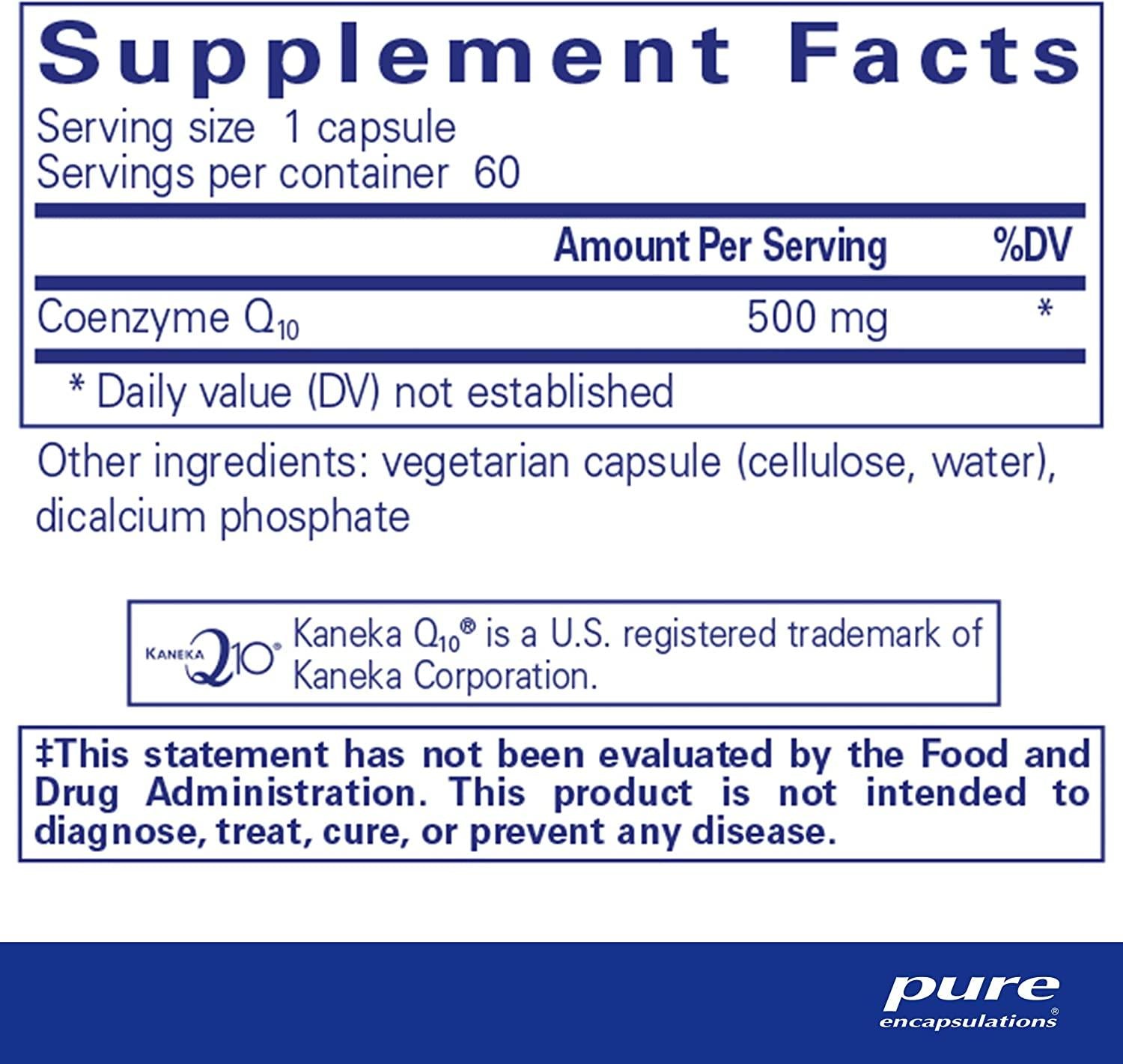 Pure Encapsulations CoQ10 500 mg | Coenzyme Q10 Supplement for Energy, Antioxidants, Brain and Cellular Health, Cognition, and Cardiovascular Support* | 60 Capsules