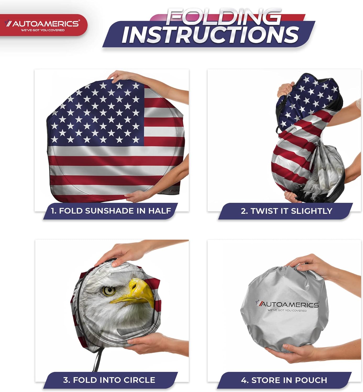 Autoamerics 1-Piece Windshield Sun Shade American Eagle Flag USA Patriotic  - Foldable Car Front Window Sunshade for Sedans SUV Truck - Blocks Max UV Rays and Keeps Your Vehicle Cool Medium