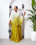 IVORY X OLIVE RUFFLE DETAIL BATWING TOP X PLEATED SKIRT MIYAKI SUIT SET