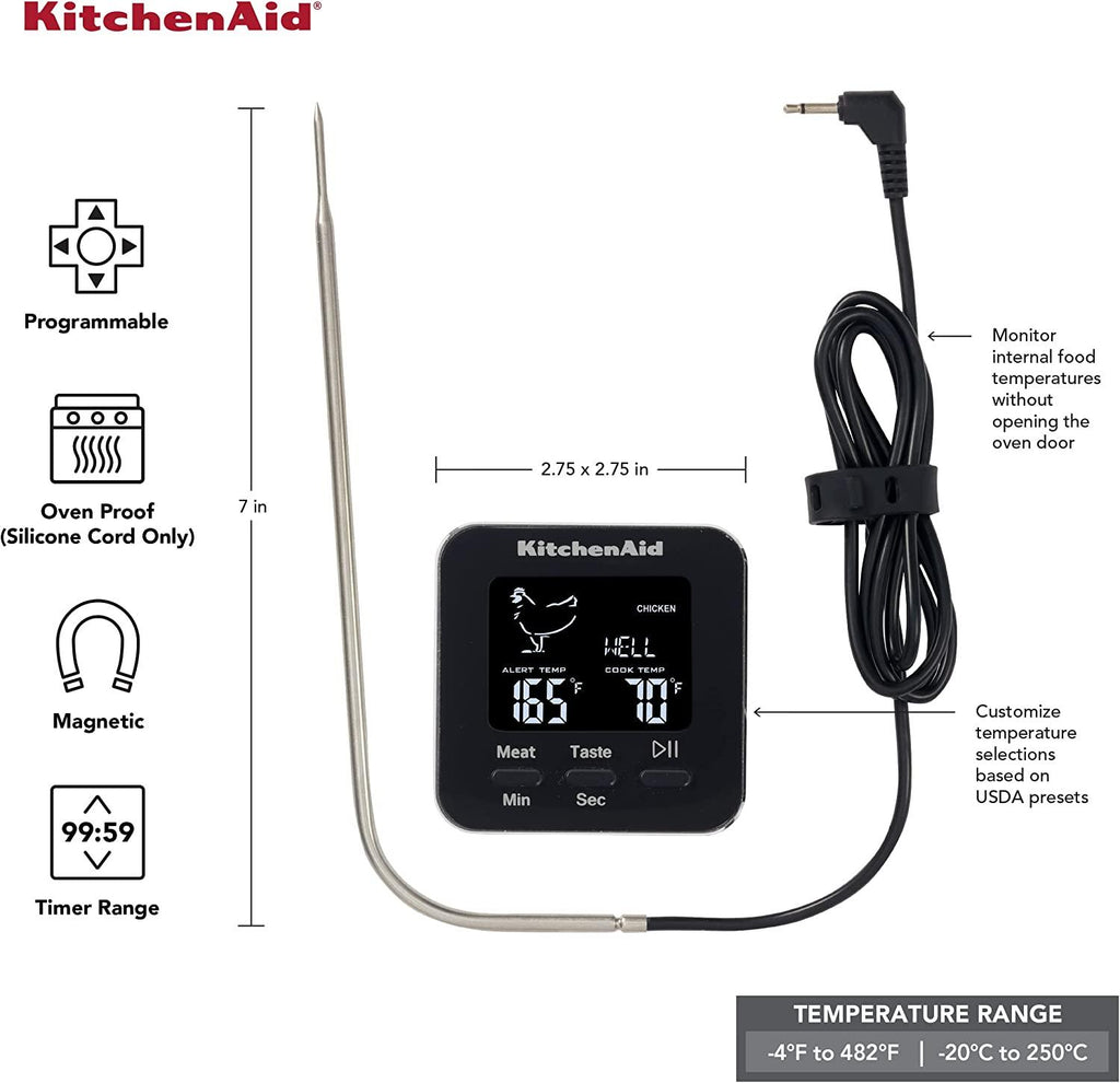 KitchenAid KQ906 Programmable Wired Probe Thermometer, TEMPERATURE RANGE: -40F to 482F/-40C to 250C, Black