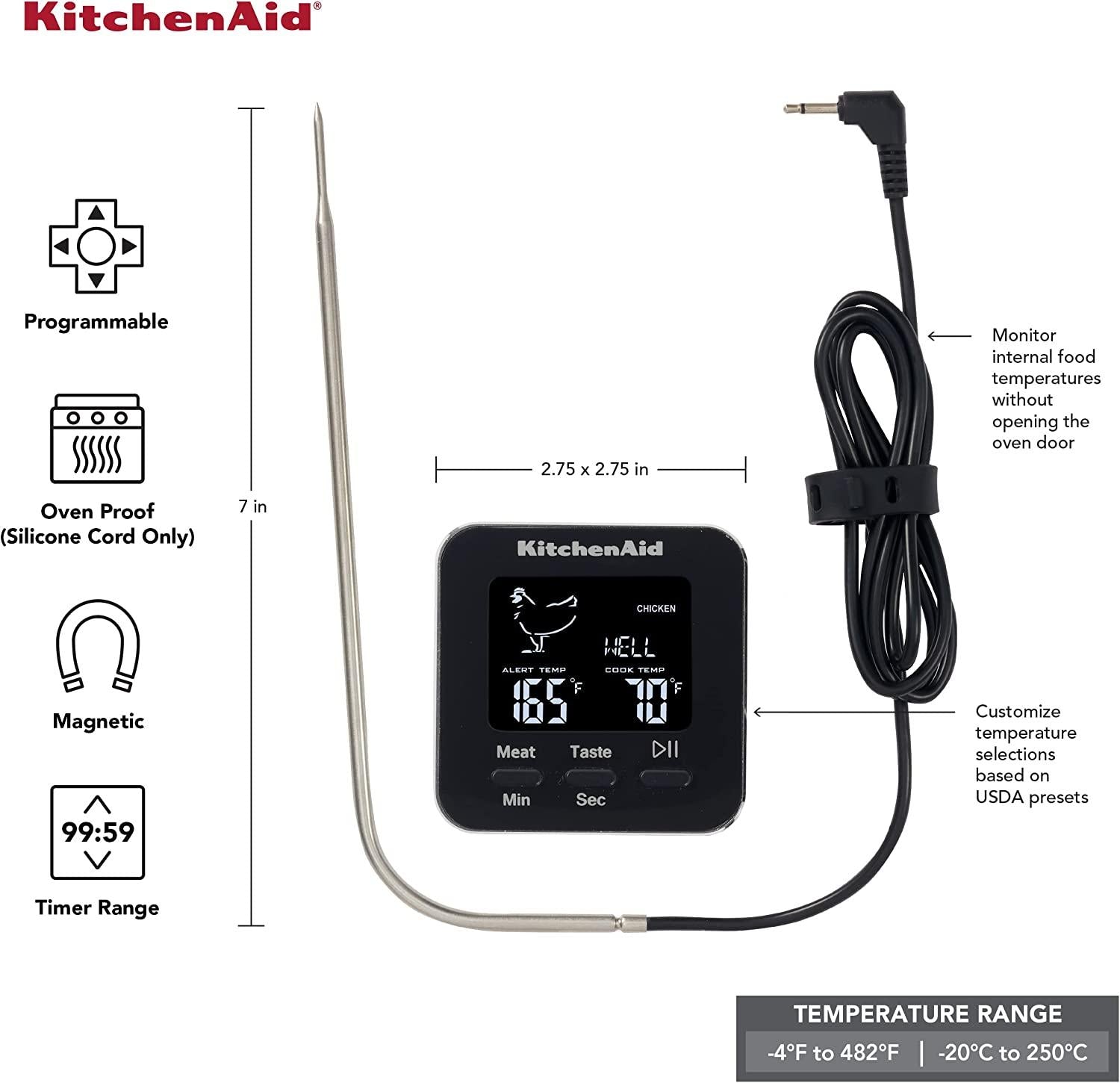 KitchenAid KQ906 Programmable Wired Probe Thermometer, TEMPERATURE RANGE: -40F to 482F/-40C to 250C, Black