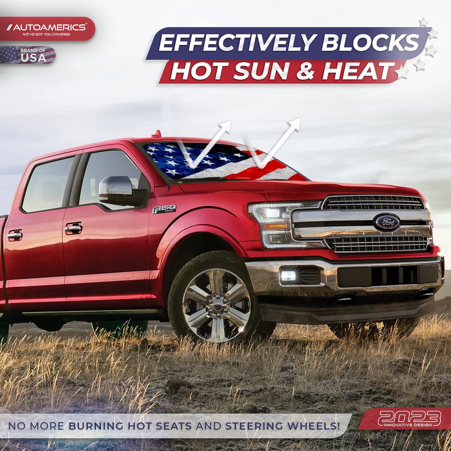 Autoamerics 1-Piece Windshield Sun Shade Grunge American Flag - 4 USA  - Foldable Car Front Window Sunshade for Most Sedans SUV Truck - Blocks Max UV Rays and Keeps Your Vehicle Cool - Small