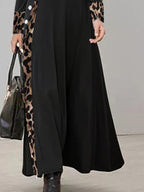 Casual Leopard Stitching Crew Neck Long Sleeves Maxi Dress