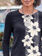 Round Floral Print Loose Casual Long Sleeve T-shirt