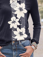 Round Floral Print Loose Casual Long Sleeve T-shirt