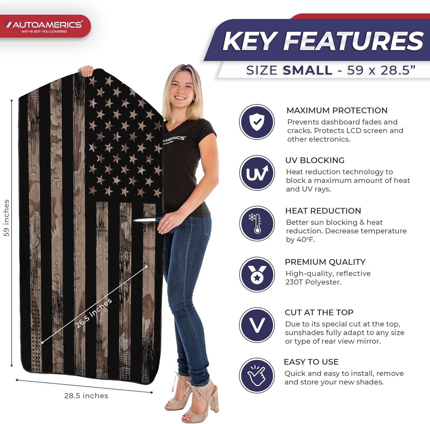 Autoamerics 1-Piece Windshield Sun Shade Brown Camo American Flag USA  - Foldable Car Front Window Sunshade for Most Sedans SUV Truck - Blocks Max UV Rays and Keeps Your Vehicle Cool - Small