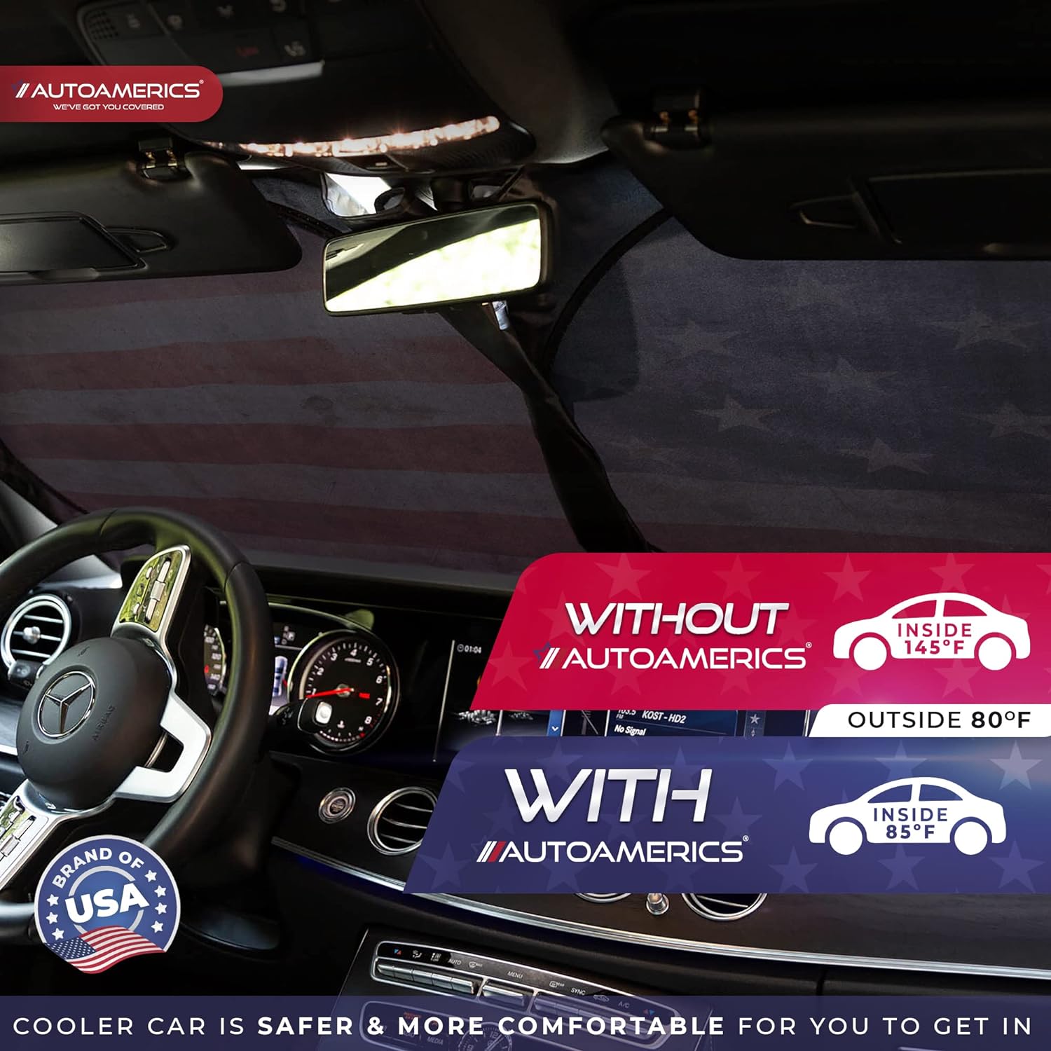 Autoamerics 1-Piece Windshield Sun Shade Grunge American Flag - 2 USA  - Foldable Car Front Window Sunshade for Most Sedans SUV Truck - Blocks Max UV Rays and Keeps Your Vehicle Cool - X-Large