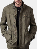 stand collar pockets cotton waist drawstring military solid color jacket for men