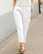casual solid pocket elastic waist linen pants
