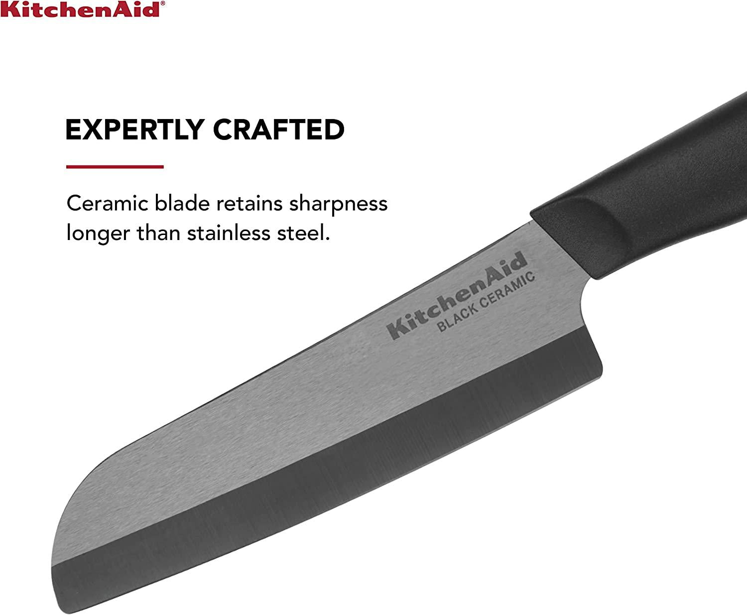 KitchenAid Classic Ceramic Santoku Knife with Custom-Fit Blade Cover, Sharp Kitchen Knife, Dishwasher-Safe, 5-inch, Black