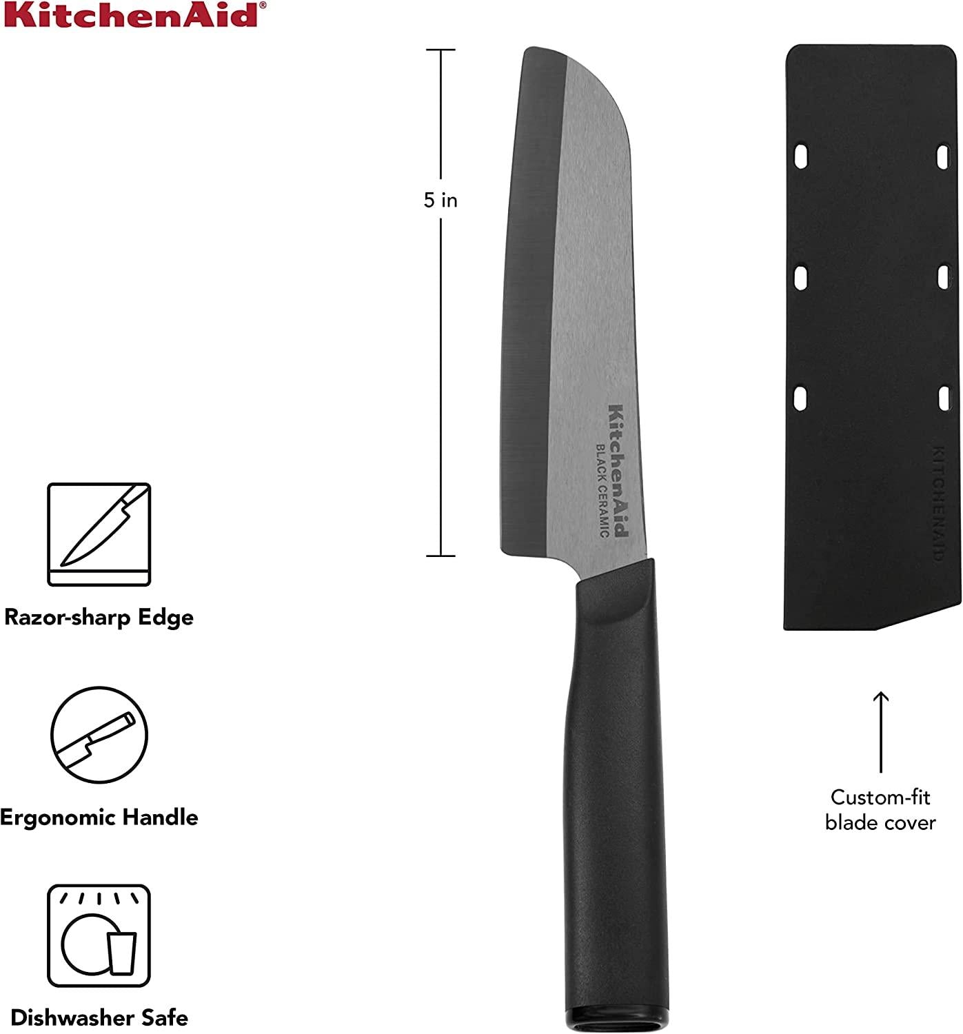 KitchenAid Classic Ceramic Santoku Knife with Custom-Fit Blade Cover, Sharp Kitchen Knife, Dishwasher-Safe, 5-inch, Black