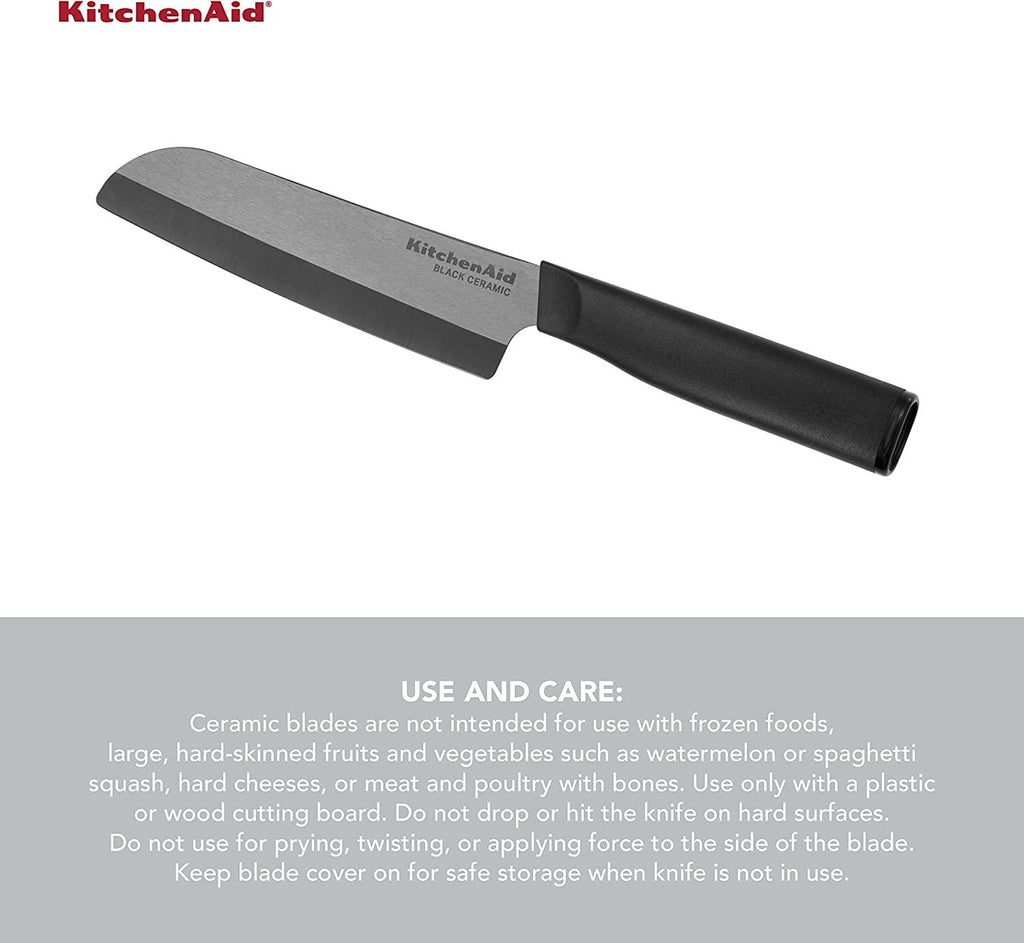 KitchenAid Classic Ceramic Santoku Knife with Custom-Fit Blade Cover, Sharp Kitchen Knife, Dishwasher-Safe, 5-inch, Black