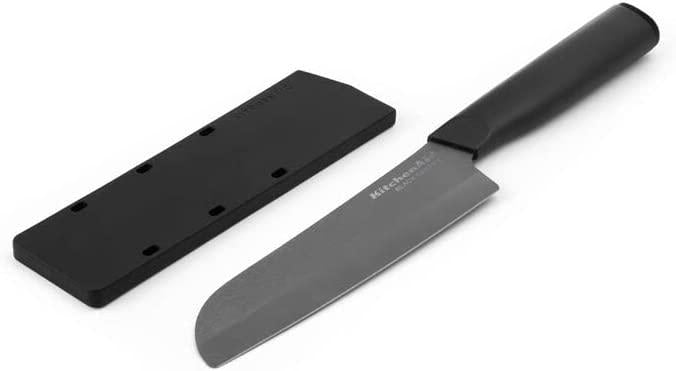 KitchenAid Classic Ceramic Santoku Knife with Custom-Fit Blade Cover, Sharp Kitchen Knife, Dishwasher-Safe, 5-inch, Black