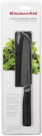 KitchenAid Classic Ceramic Santoku Knife with Custom-Fit Blade Cover, Sharp Kitchen Knife, Dishwasher-Safe, 5-inch, Black